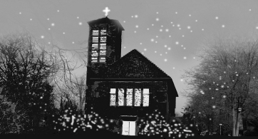 Bearbeitetes schwarz-weiß Bild der Kirche bei Nacht